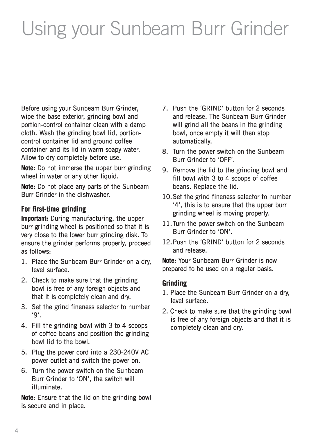 Sunbeam EM0430 manual Using your Sunbeam Burr Grinder, For first-timegrinding, Grinding 