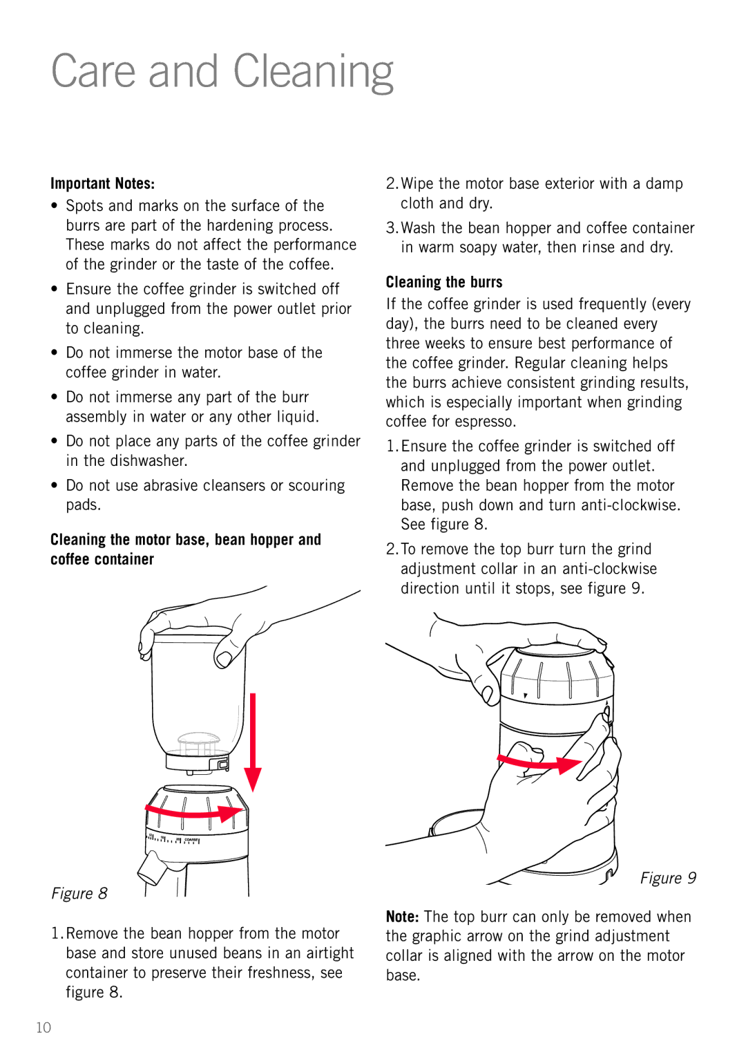 Sunbeam EM0480 manual Care and Cleaning, Important Notes, Cleaning the motor base, bean hopper and coffee container 