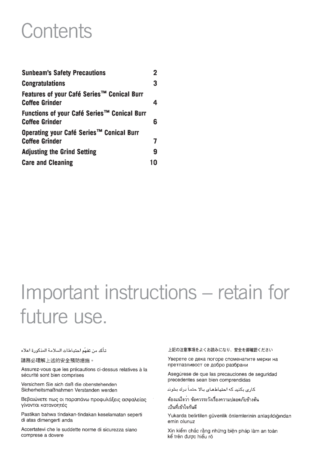 Sunbeam EM0480 Contents, Important instructions - retain for future use, Sunbeam’s Safety Precautions, Congratulations 