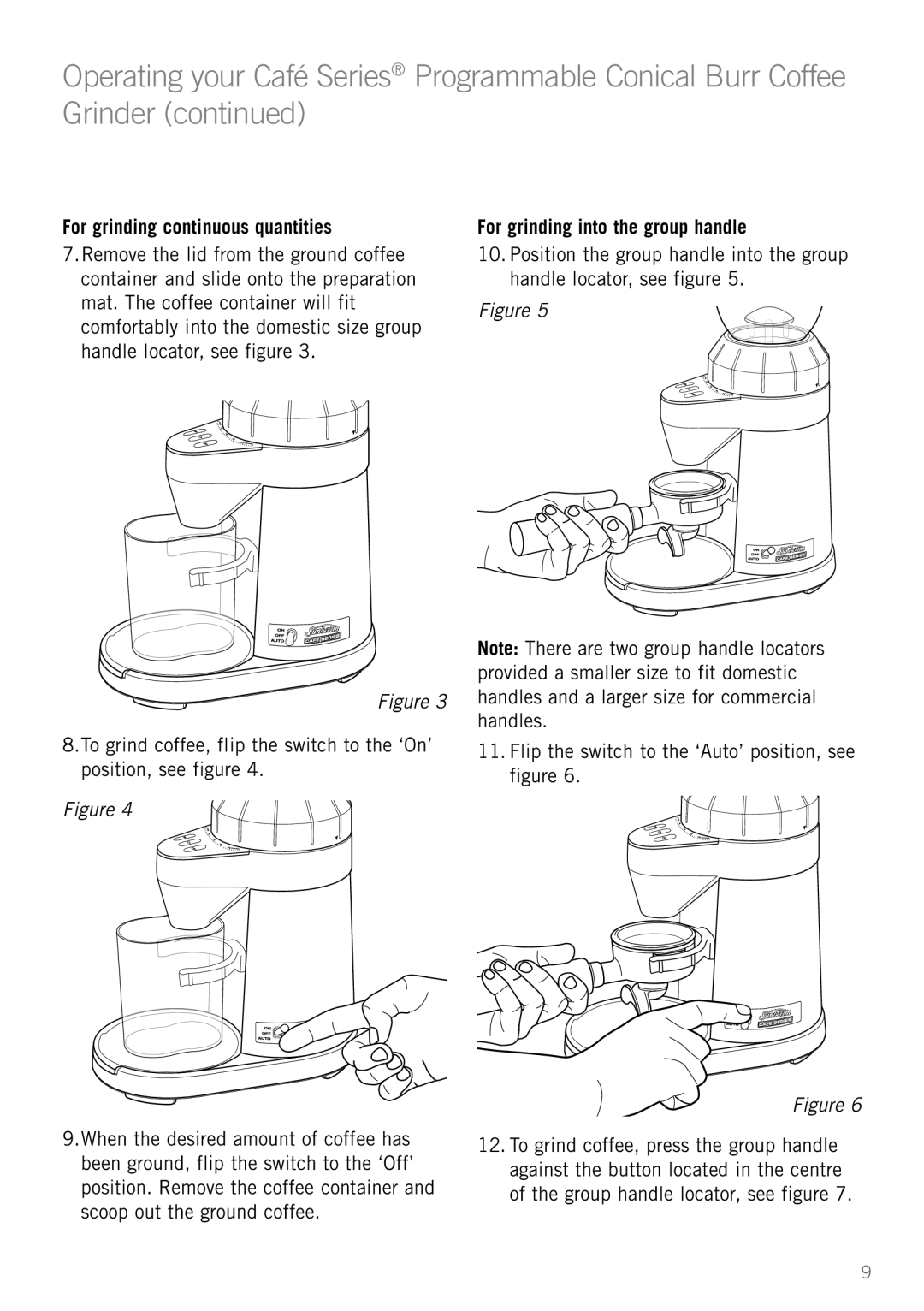 Sunbeam EM0490 manual For grinding continuous quantities, For grinding into the group handle 