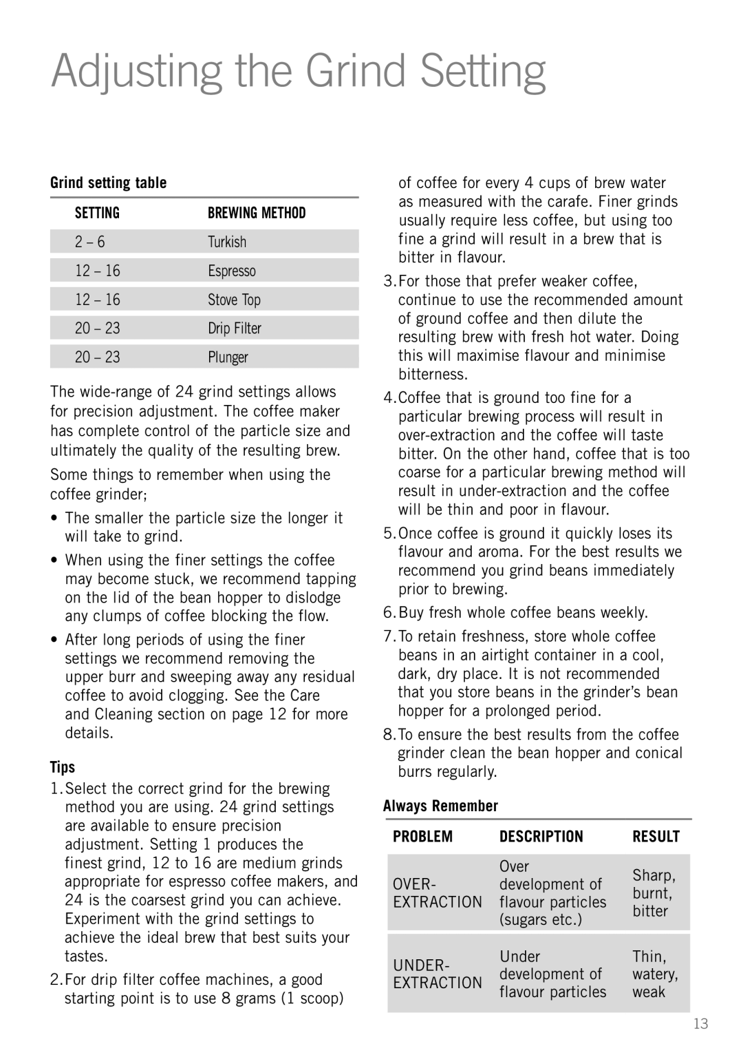 Sunbeam EM0490 manual Adjusting the Grind Setting, Grind setting table, Tips, Always Remember 