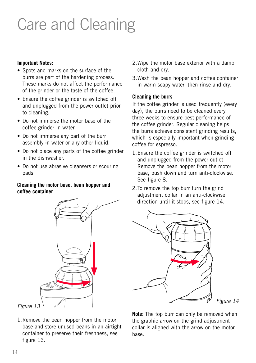 Sunbeam EM0490 manual Care and Cleaning, Important Notes, Cleaning the motor base, bean hopper and coffee container 