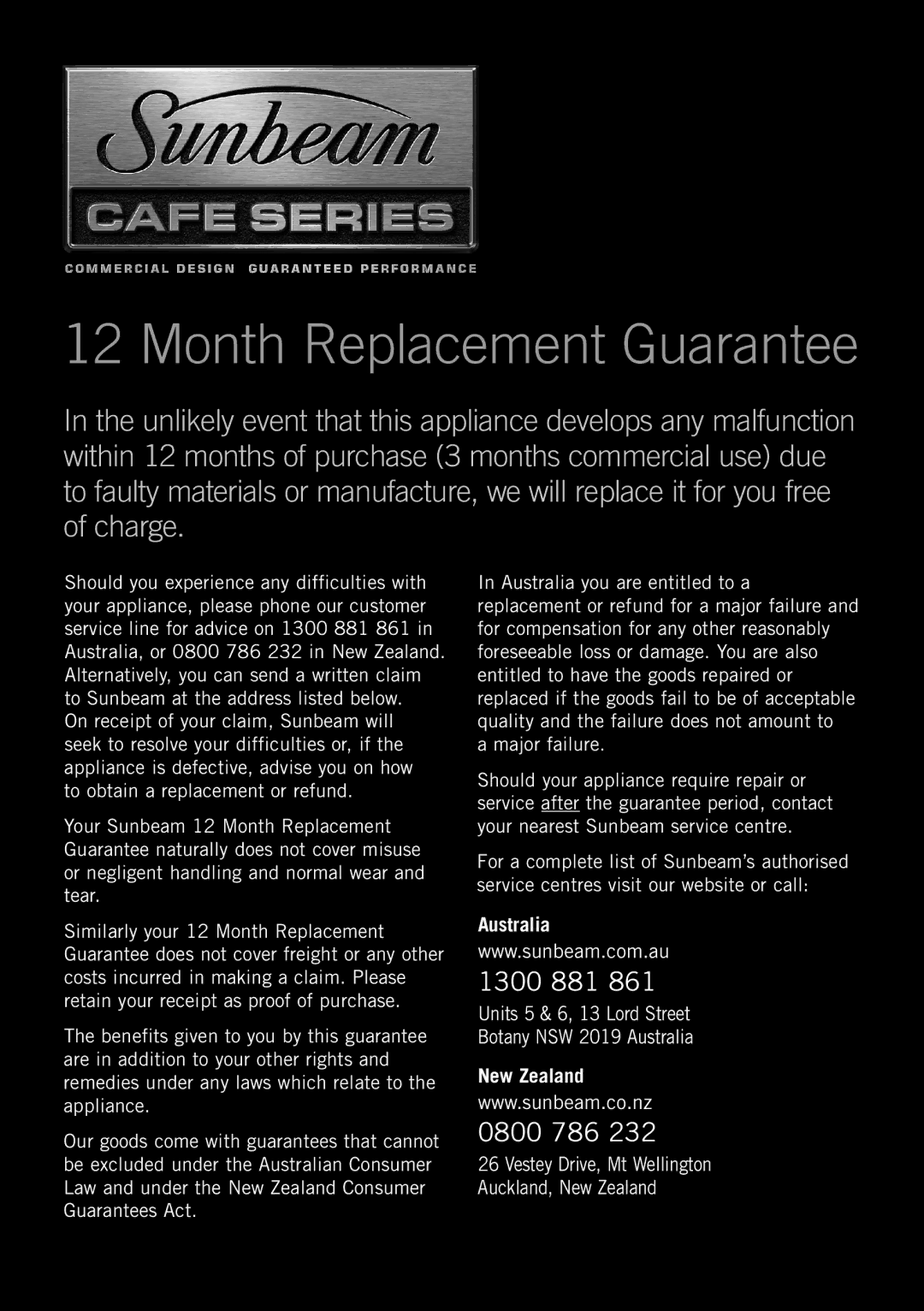 Sunbeam EM0490 manual Month Replacement Guarantee 