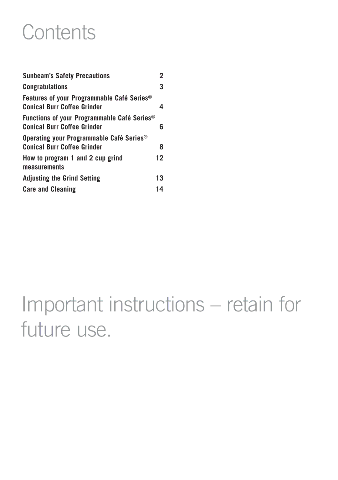 Sunbeam EM0490 manual Contents, Important instructions retain for future use 