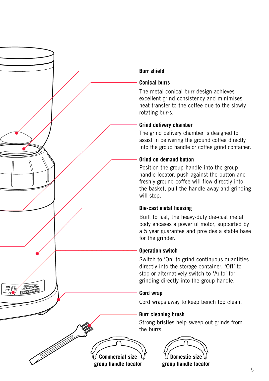 Sunbeam EM0490 manual Burr shield Conical burrs, Grind delivery chamber, Grind on demand button, Die-cast metal housing 