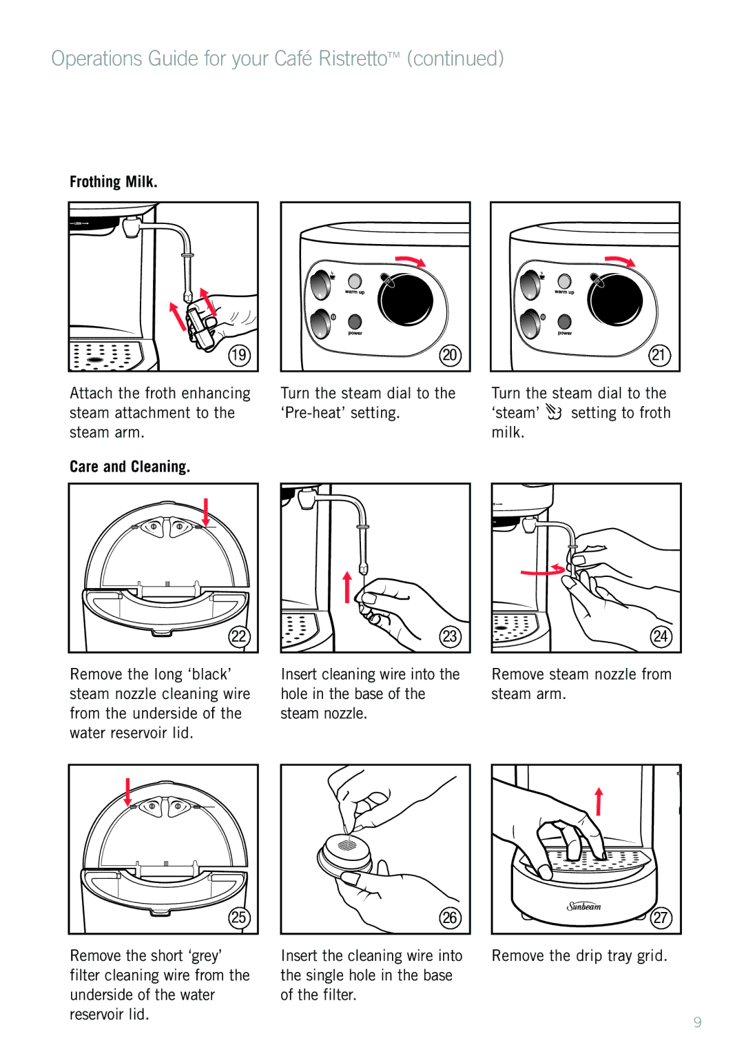 Sunbeam EM2300 manual Frothing Milk, Care and Cleaning 