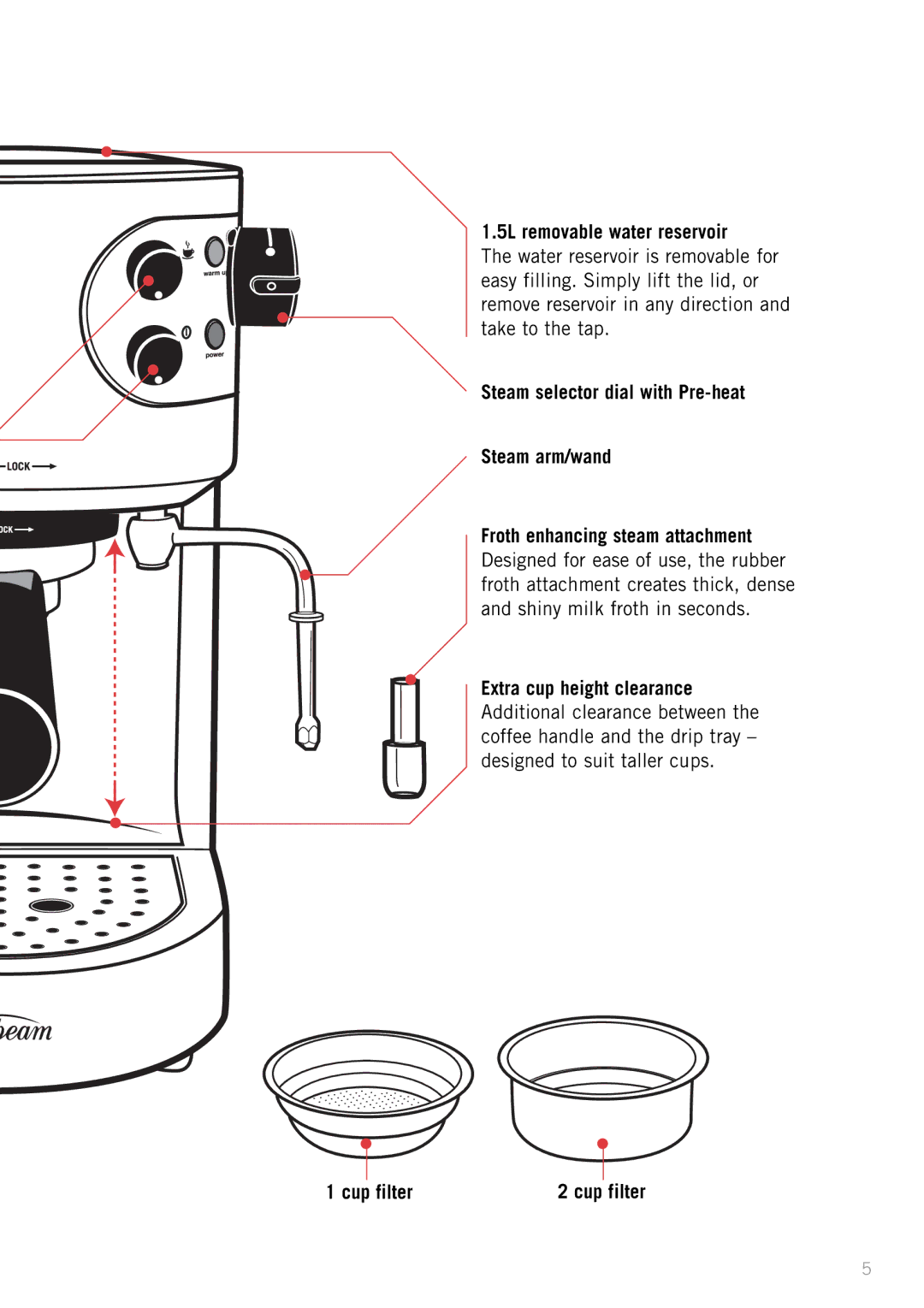 Sunbeam EM2300 manual 5L removable water reservoir, Extra cup height clearance, Cup filter 