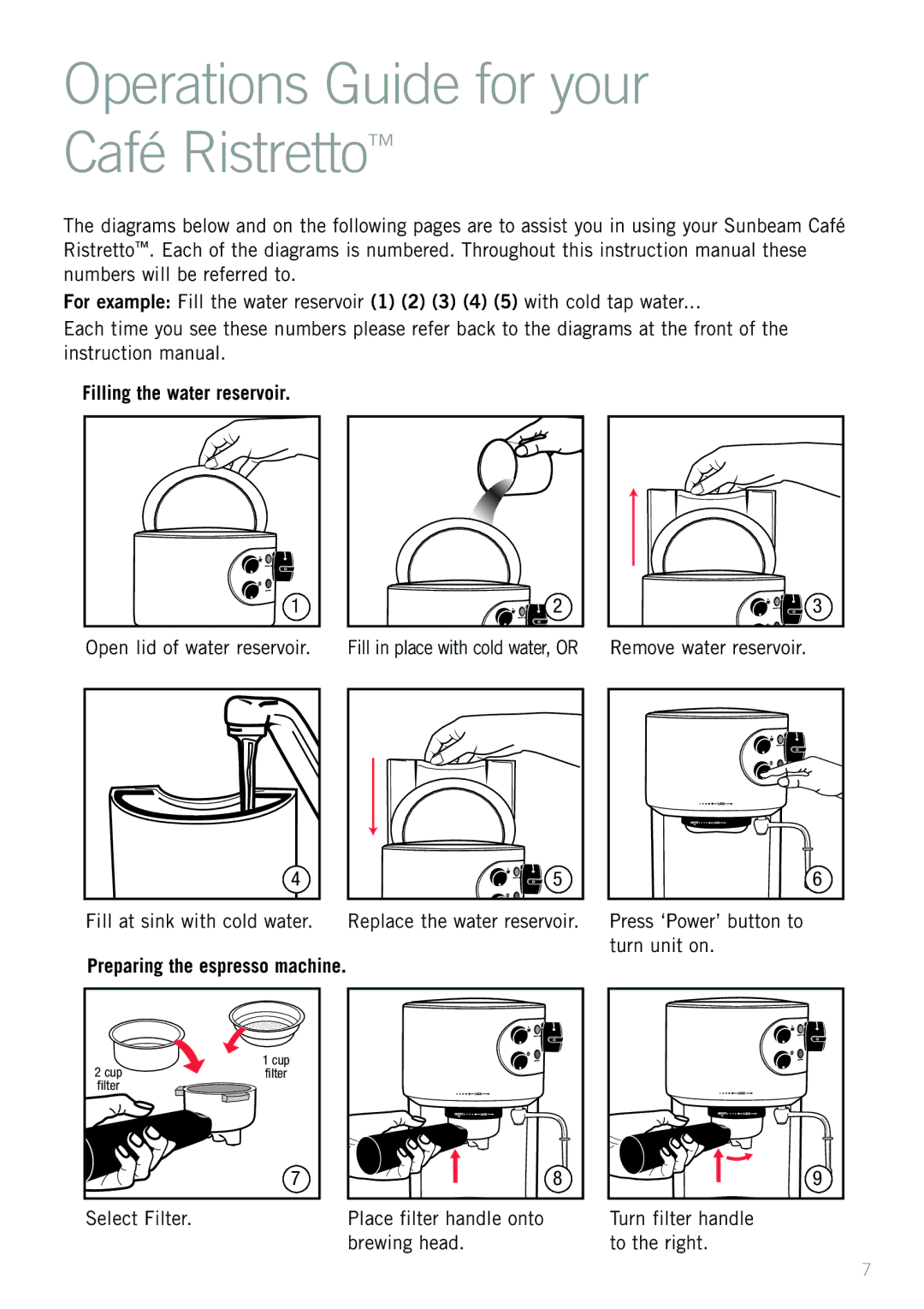 Sunbeam EM2300 manual Operations Guide for your Café Ristretto, Filling the water reservoir 