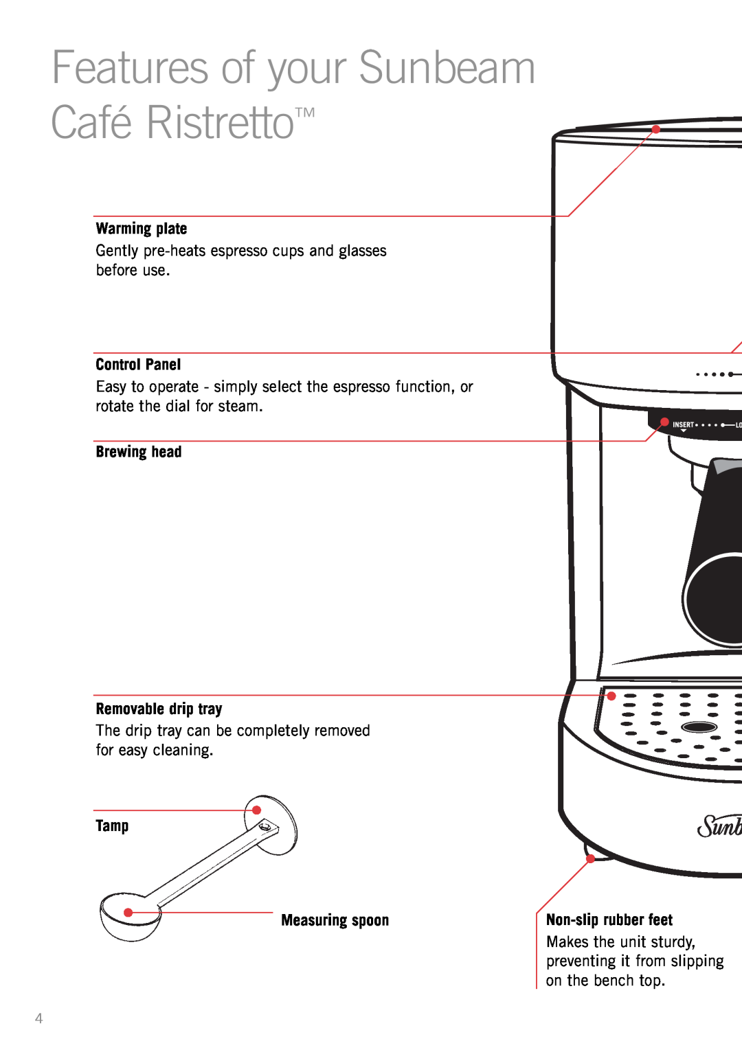 Sunbeam EM2300 Features of your Sunbeam Café Ristretto, Warming plate, Control Panel, Brewing head Removable drip tray 