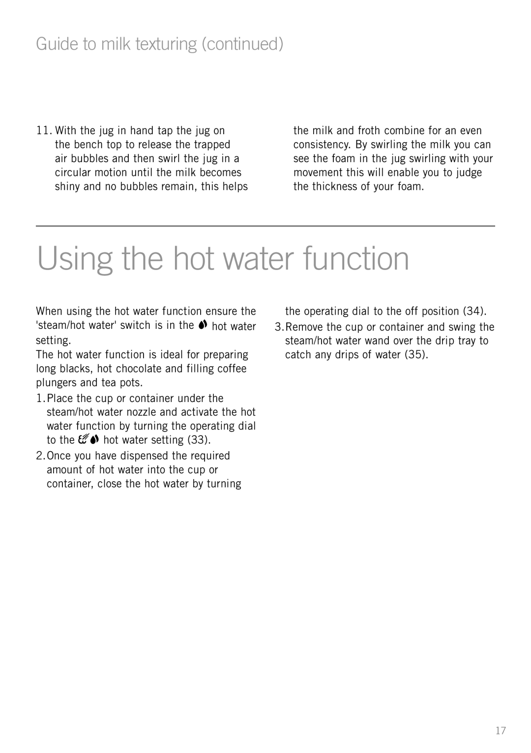 Sunbeam EM3800, EM3600 manual Using the hot water function, Guide to milk texturing, To the hot water setting 