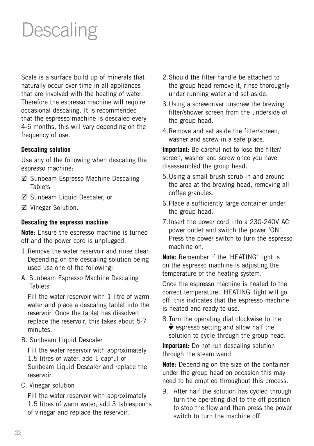 Sunbeam EM3600, EM3800 manual Descaling solution, Descaling the espresso machine 