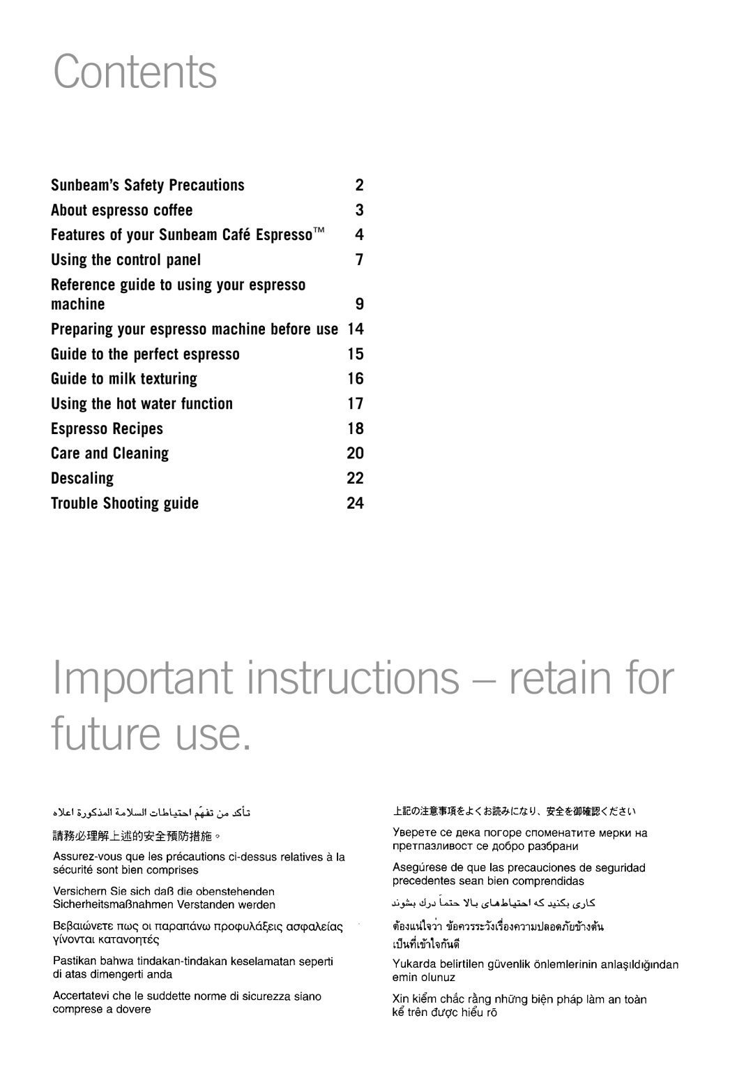 Sunbeam EM3800, EM3600 manual Contents, Important instructions retain for future use 