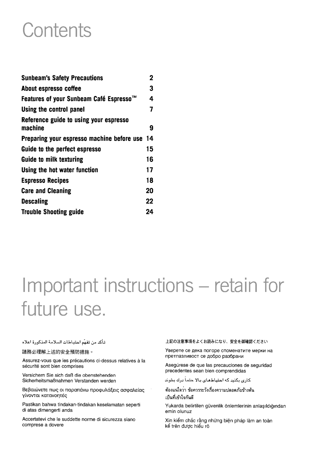 Sunbeam EM3800 Contents, Important instructions – retain for future use, Sunbeam’s Safety Precautions, machine, Descaling 