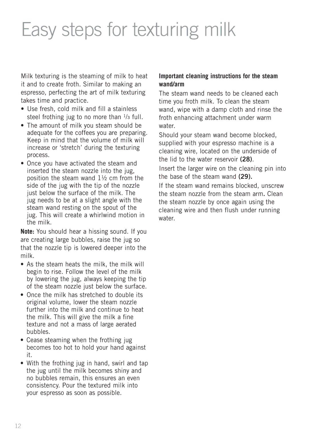 Sunbeam EM3820 manual Easy steps for texturing milk, Important cleaning instructions for the steam wand/arm 