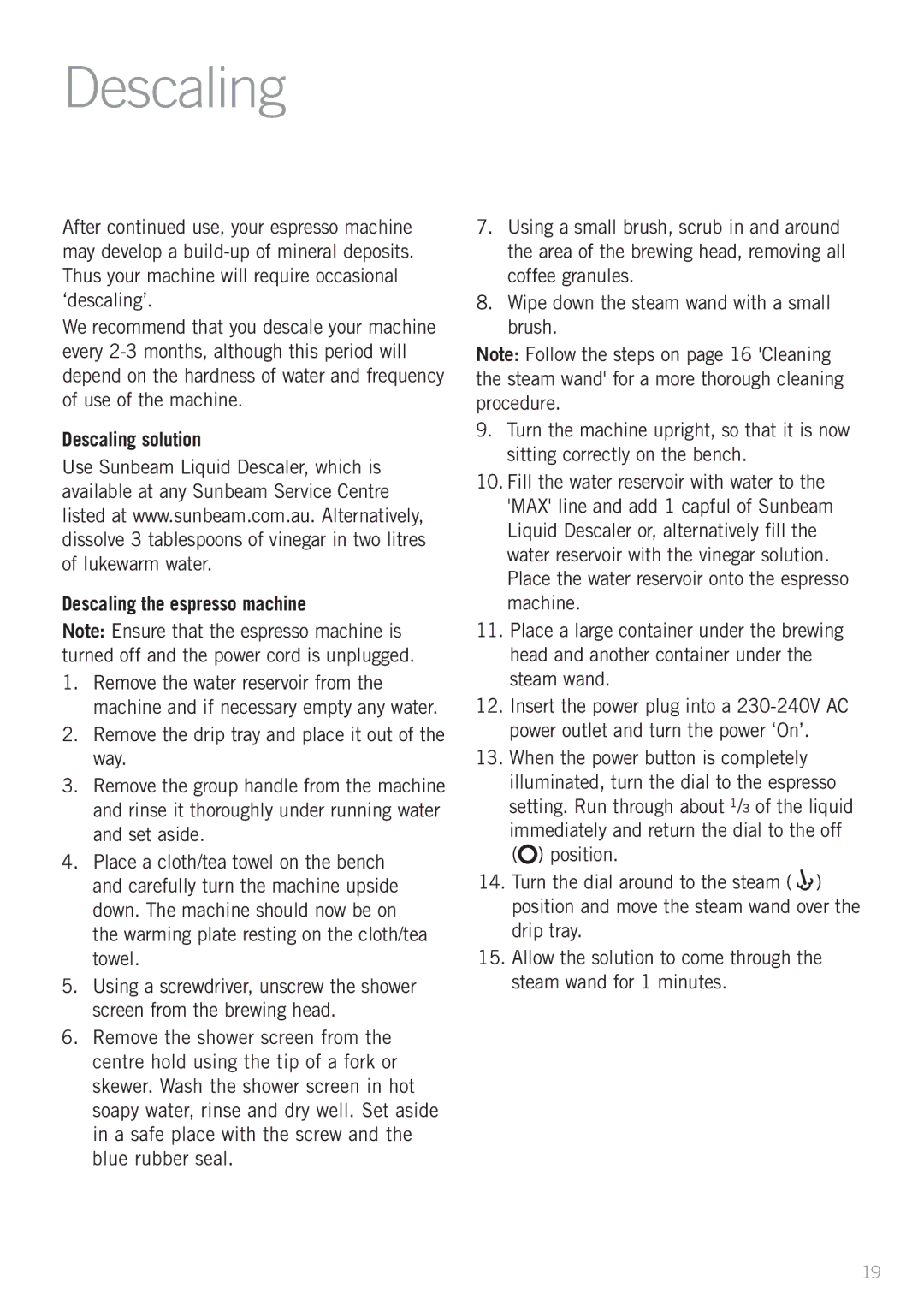 Sunbeam EM3820 manual Descaling solution Descaling the espresso machine 