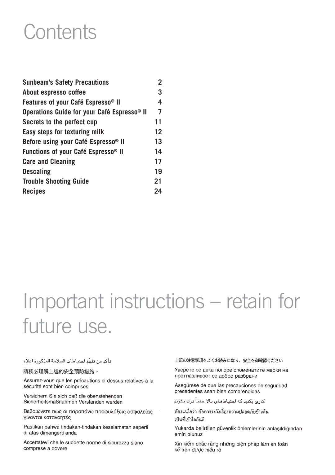 Sunbeam EM3820 manual Contents, Important instructions retain for future use 