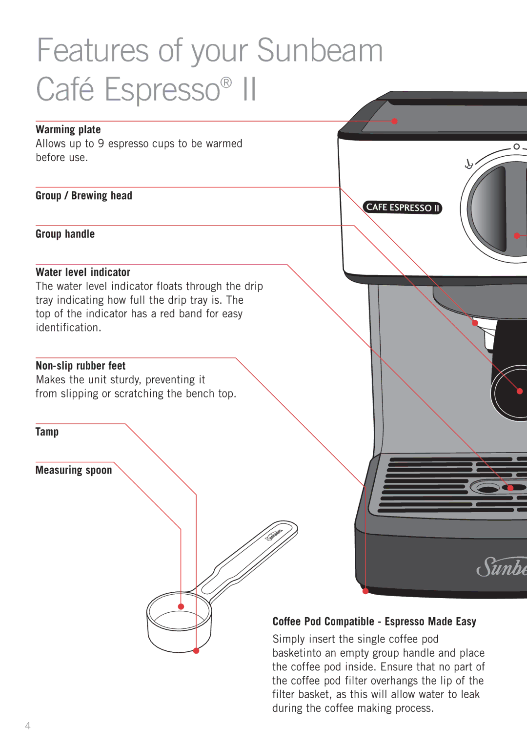 Sunbeam EM3820 manual Features of your Sunbeam Café Espresso, Warming plate, Non-slip rubber feet 