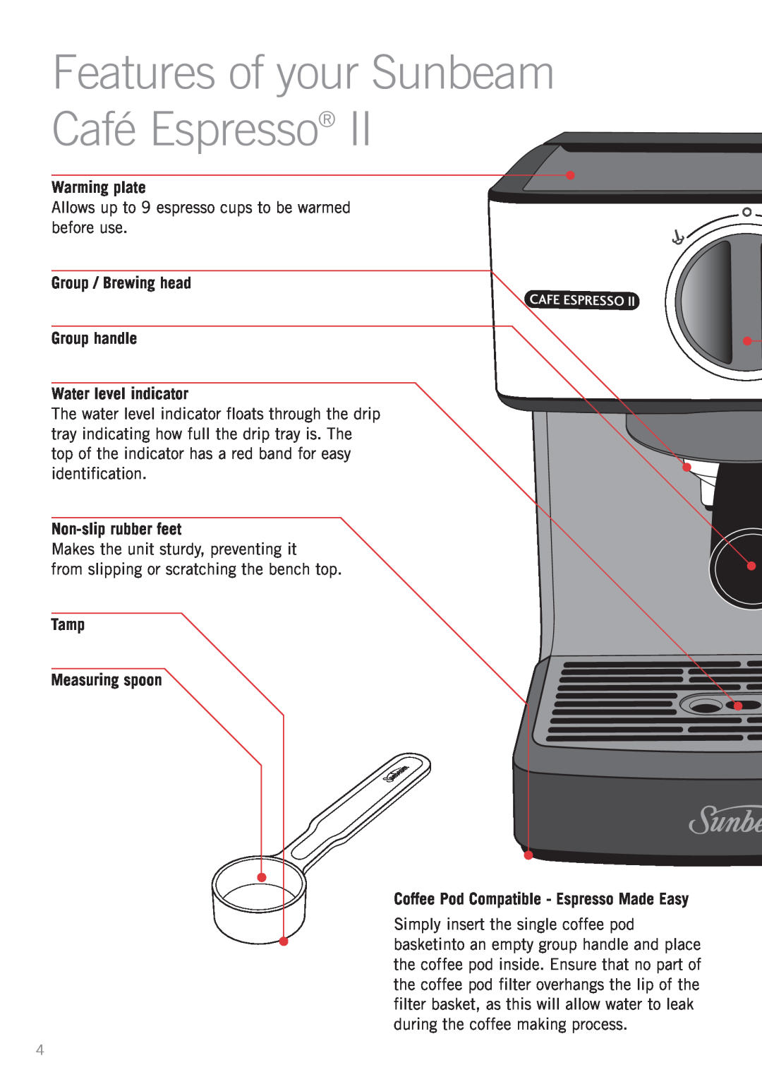 Sunbeam EM3820 manual Features of your Sunbeam Café Espresso, Warming plate, Group / Brewing head Group handle 