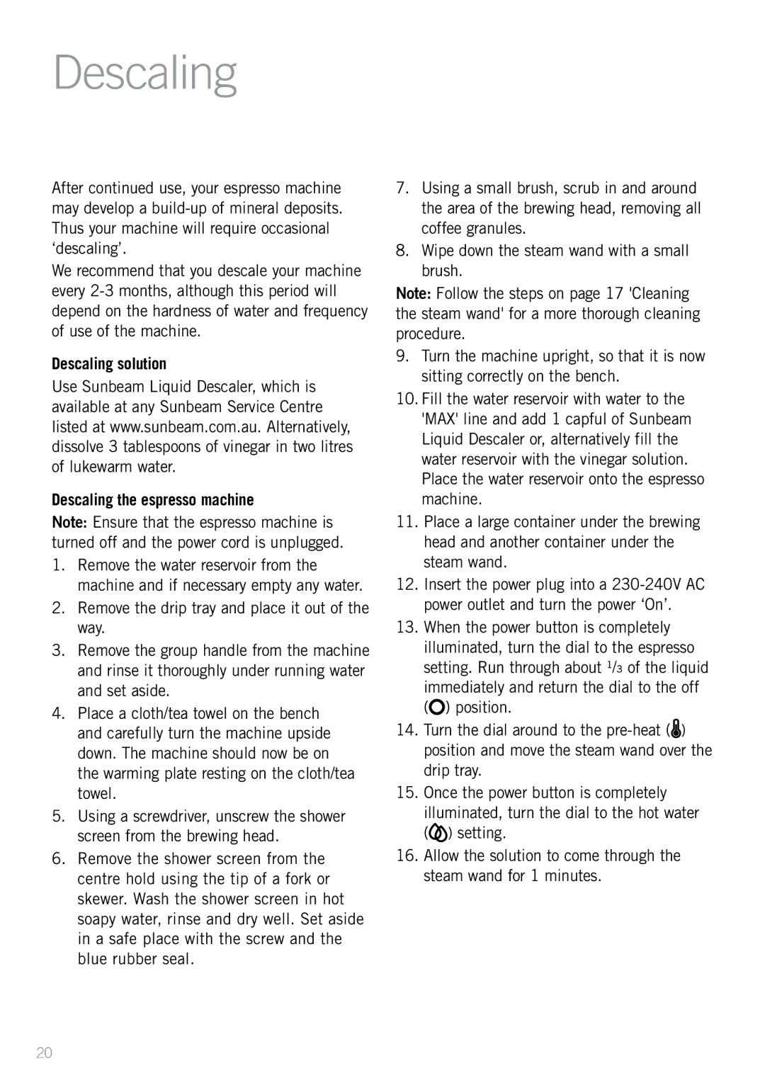 Sunbeam EM4820 manual Descaling solution Descaling the espresso machine 