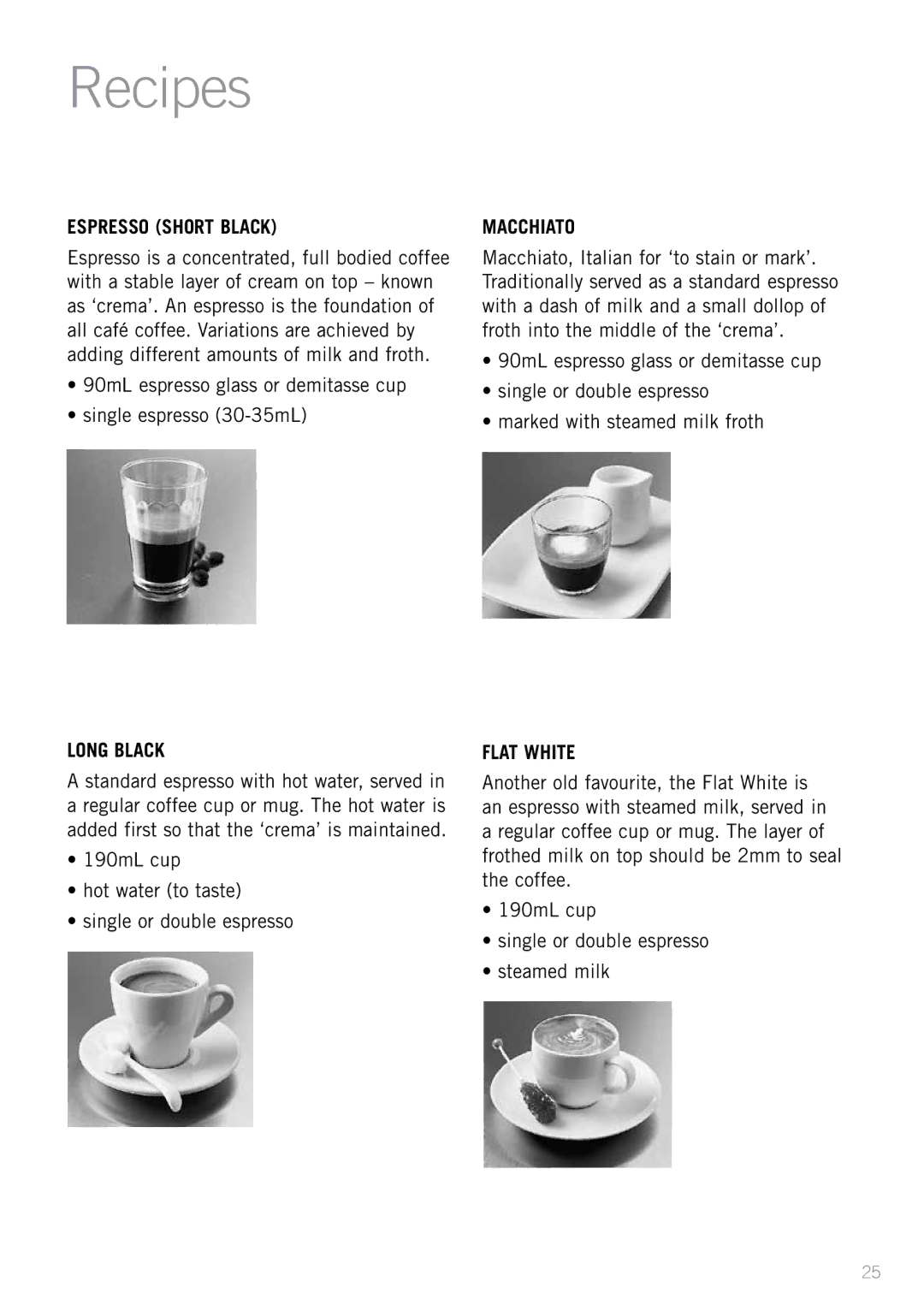 Sunbeam EM4820 manual Recipes, 190mL cup Hot water to taste Single or double espresso 