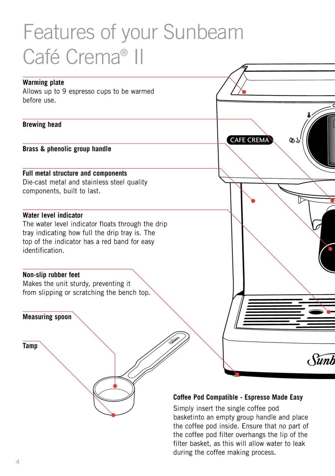 Sunbeam EM4820 Features of your Sunbeam Café Crema, Warming plate, Allows up to 9 espresso cups to be warmed before use 