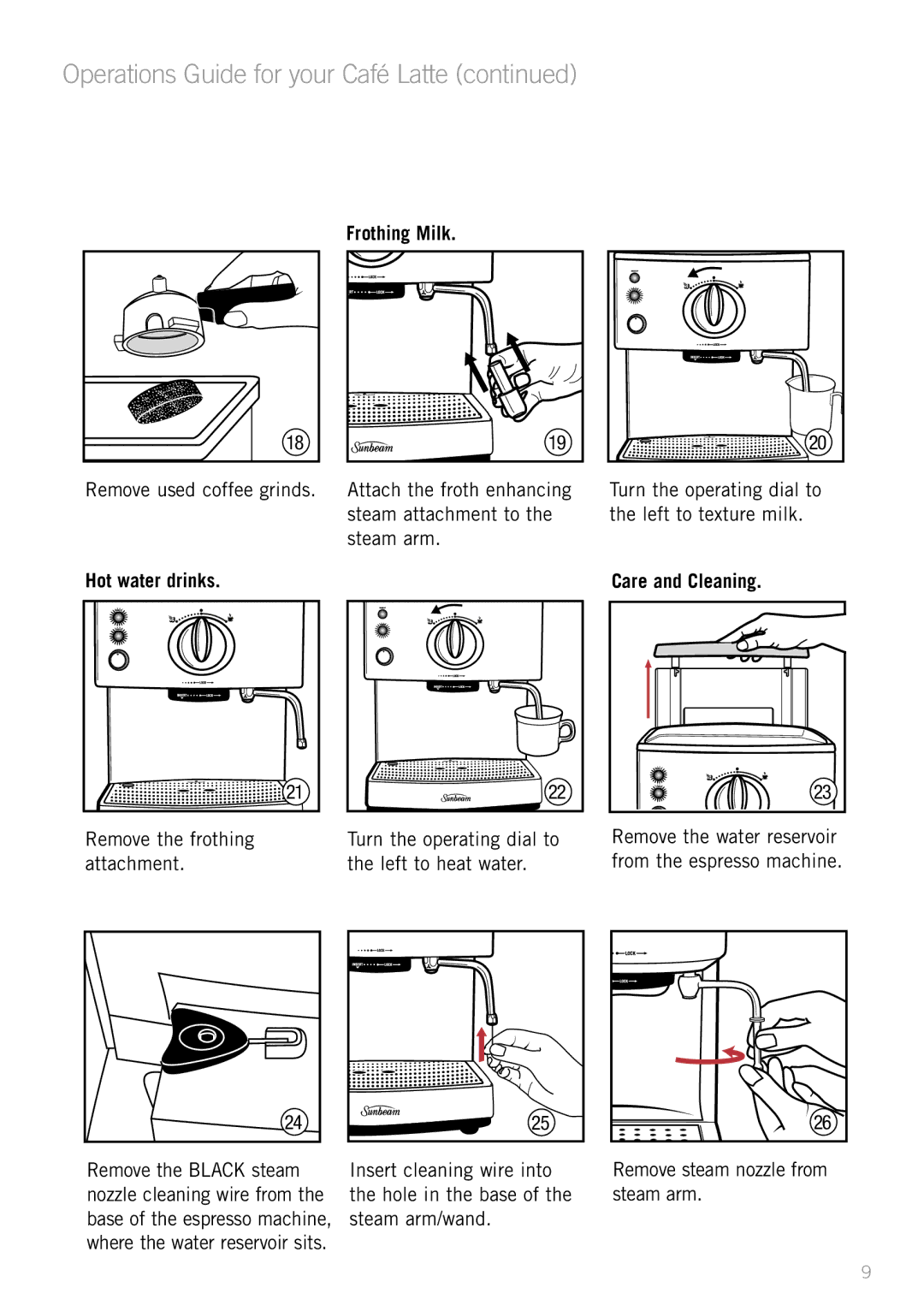 Sunbeam EM5400B manual Hot water drinks, Frothing Milk 