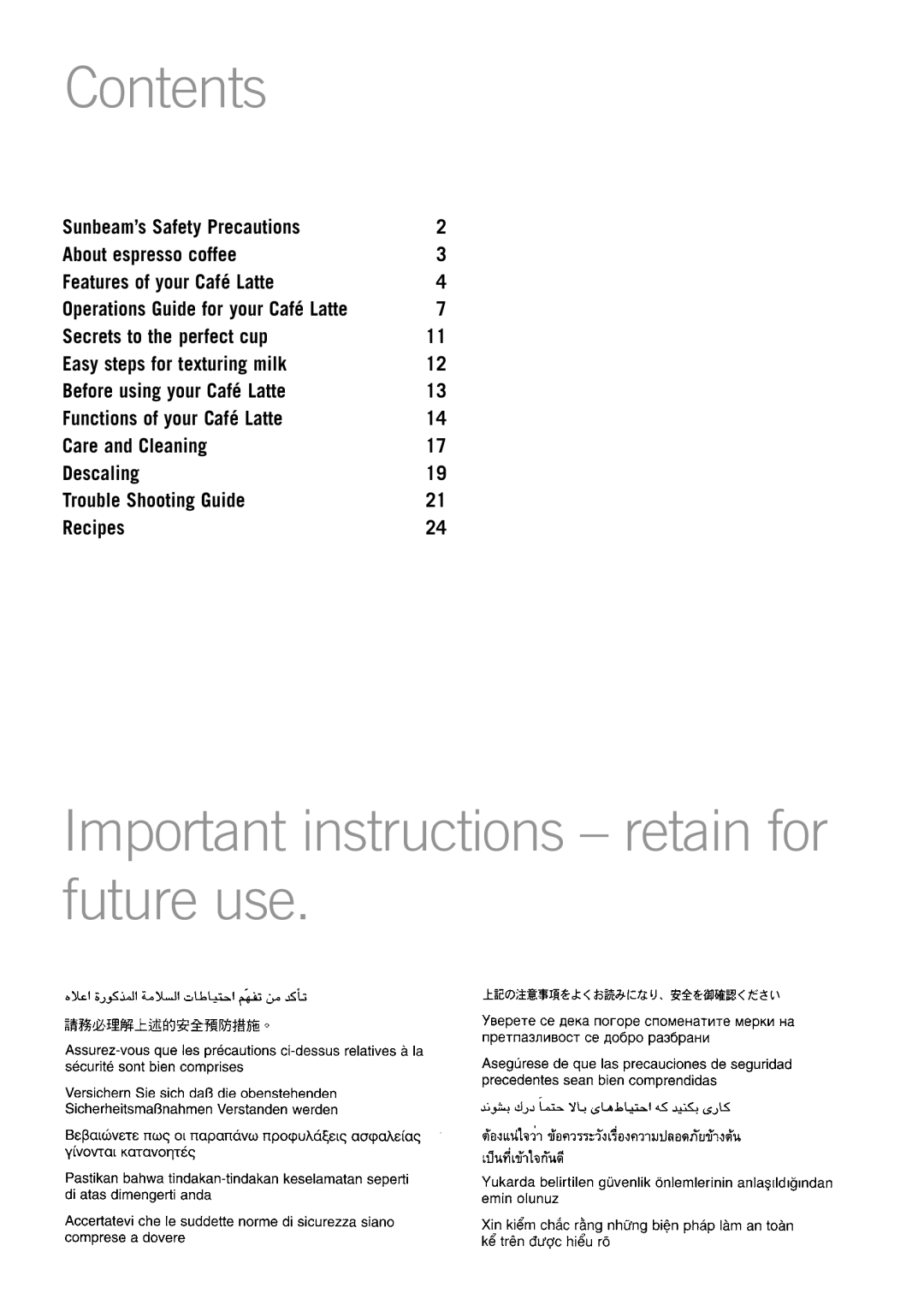 Sunbeam EM5400B manual Contents, Important instructions retain for future use 