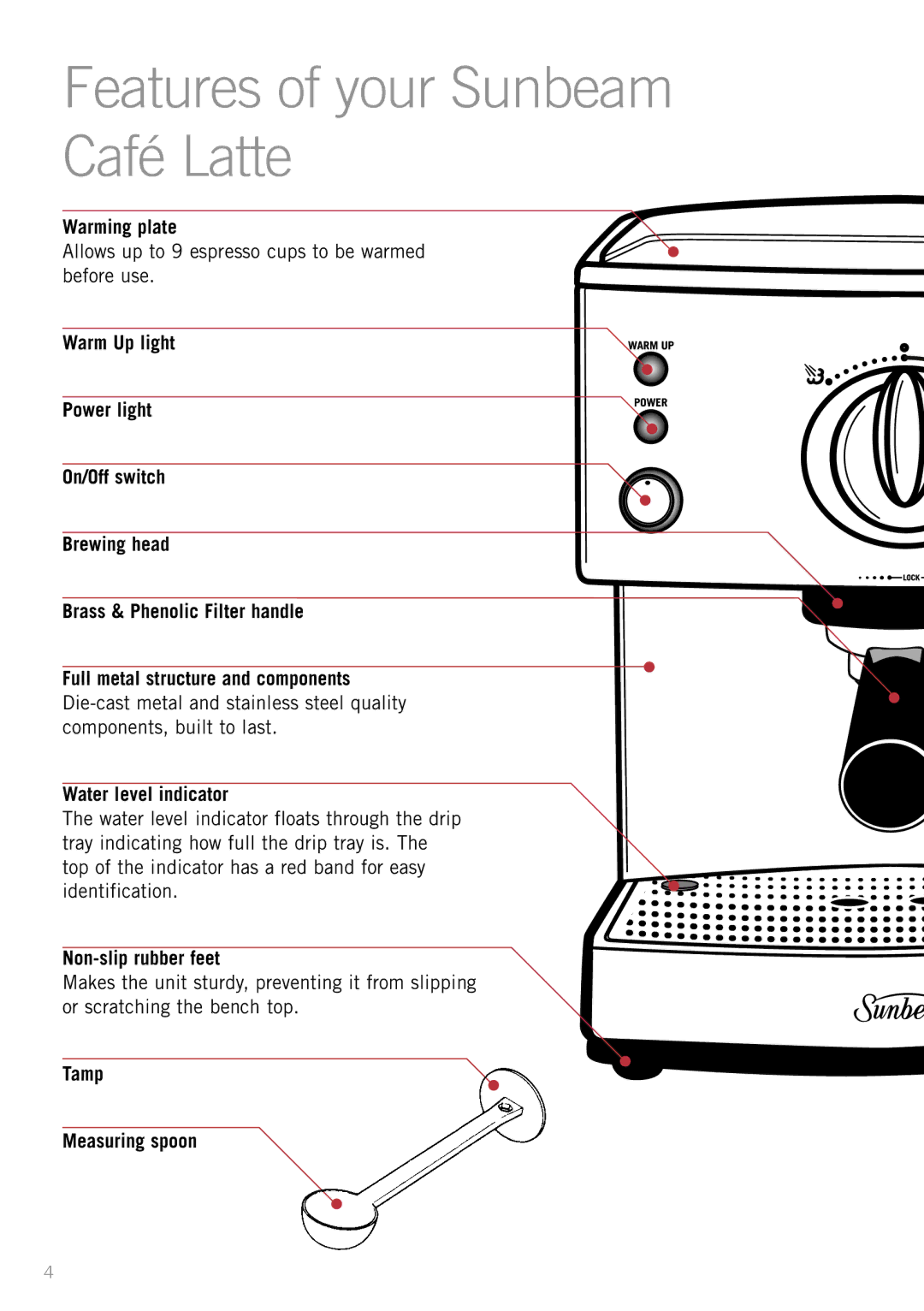 Sunbeam EM5400B Features of your Sunbeam Café Latte, Warming plate, Allows up to 9 espresso cups to be warmed before use 