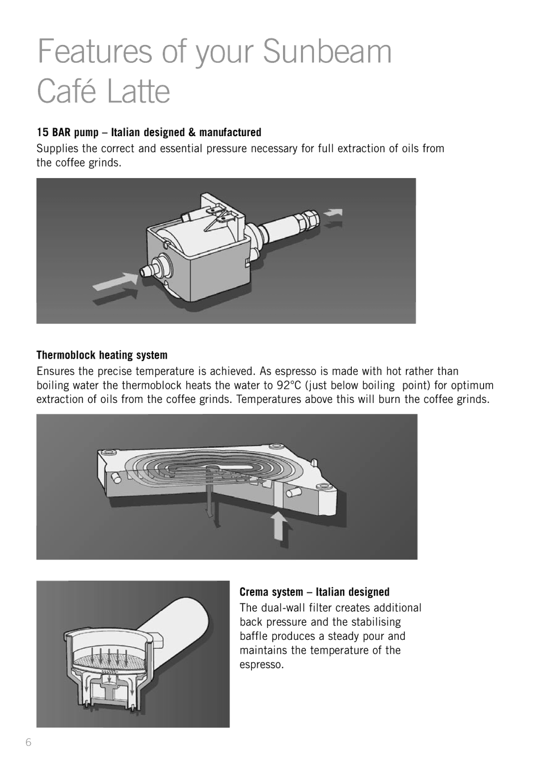 Sunbeam EM5400B manual BAR pump Italian designed & manufactured, Thermoblock heating system, Crema system Italian designed 