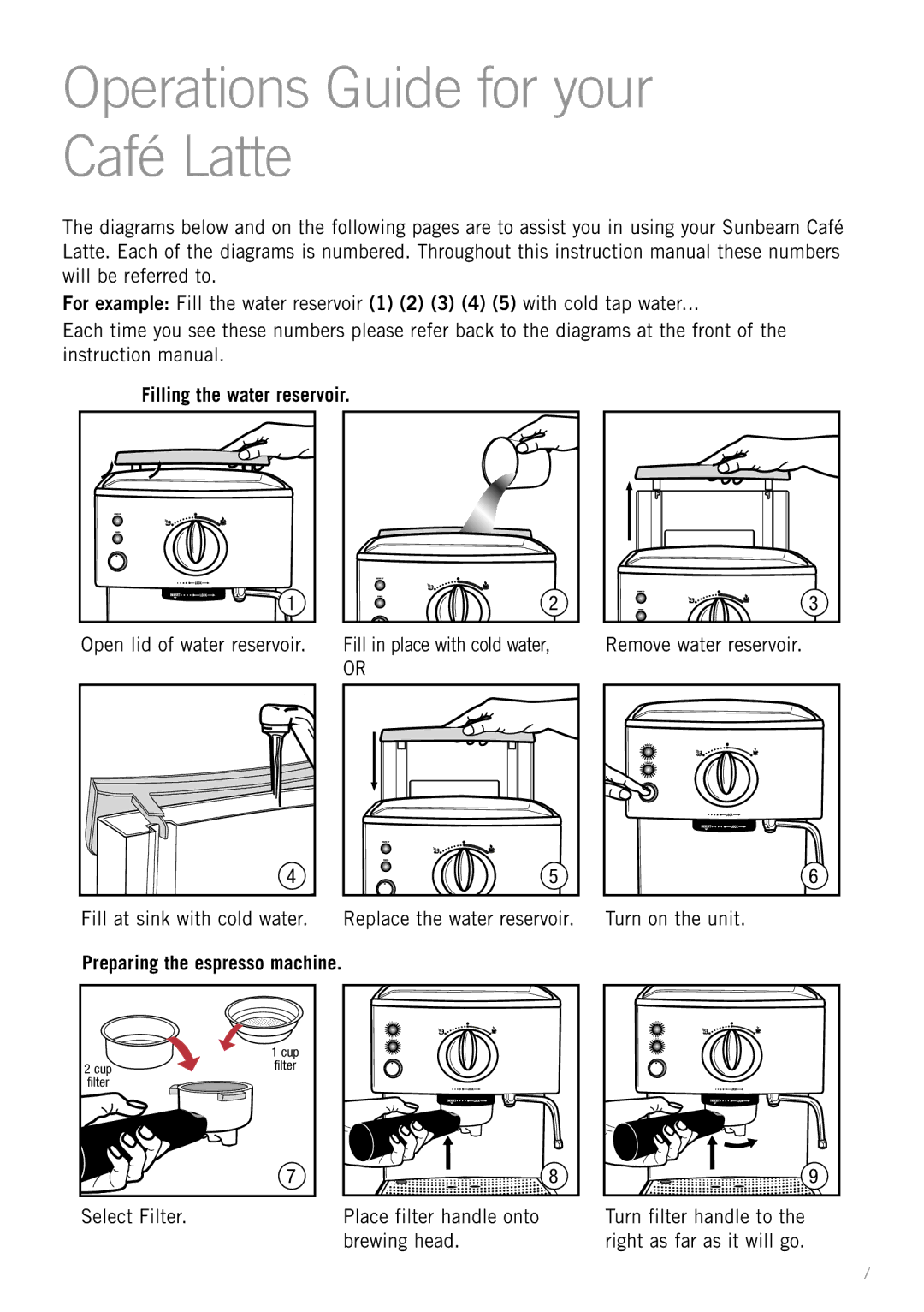 Sunbeam EM5400B manual Operations Guide for your Café Latte, Filling the water reservoir, Preparing the espresso machine 