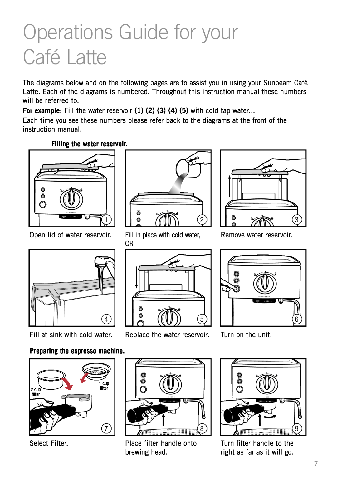 Sunbeam EM5400B manual Operations Guide for your Café Latte, Filling the water reservoir, Preparing the espresso machine 