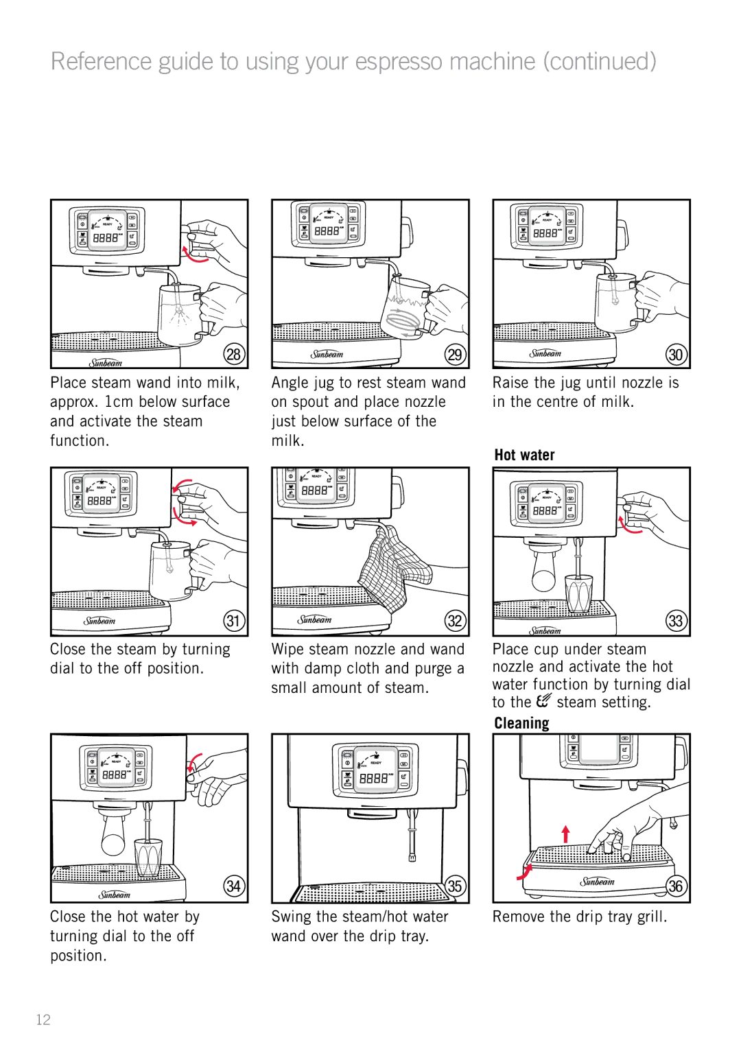 Sunbeam EM5600 manual Hot water, Close the hot water by turning dial to the off position, Remove the drip tray grill 