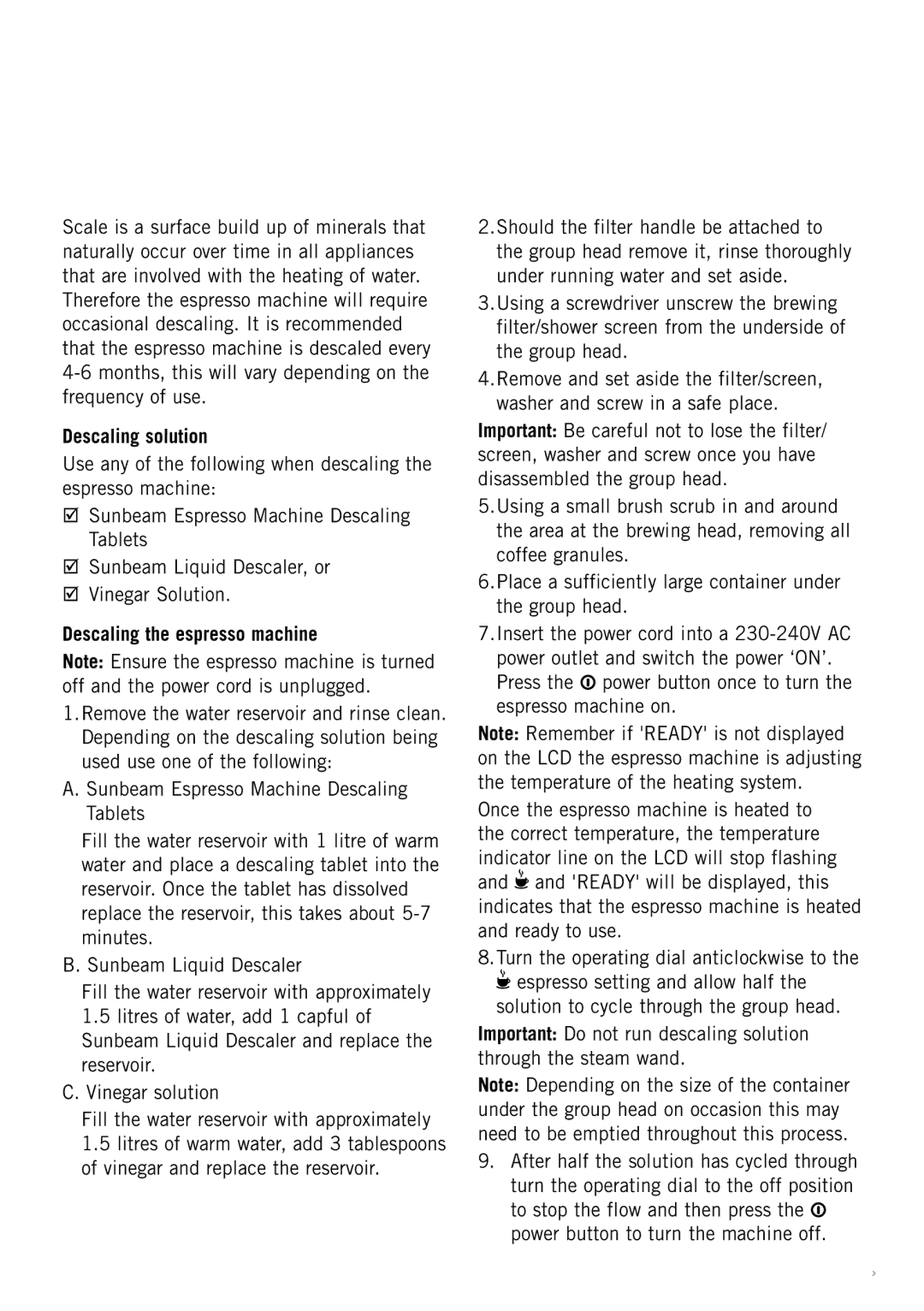 Sunbeam EM5600 manual Descaling solution, Descaling the espresso machine 