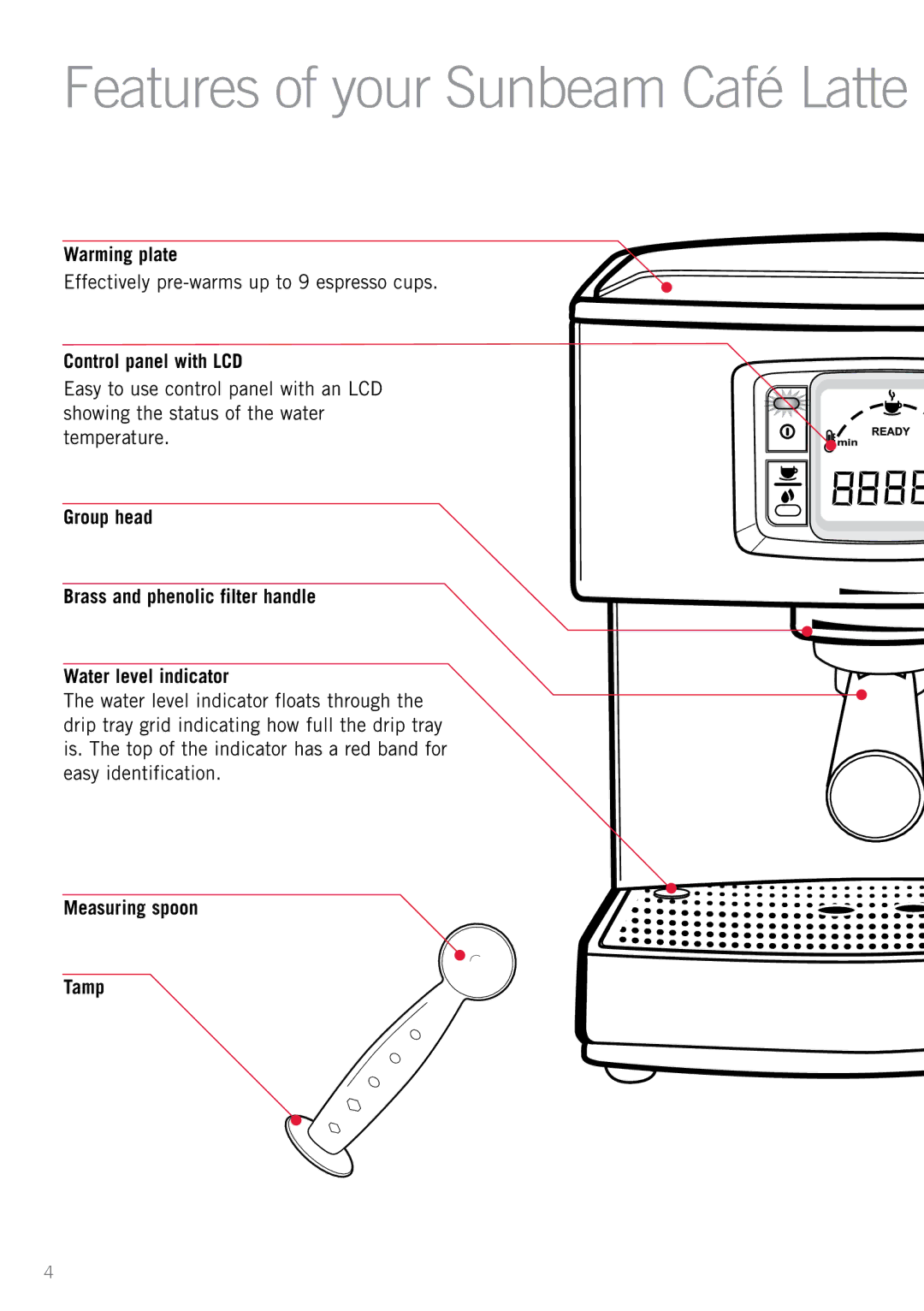 Sunbeam EM5600 Warming plate, Effectively pre-warms up to 9 espresso cups, Control panel with LCD, Measuring spoon Tamp 