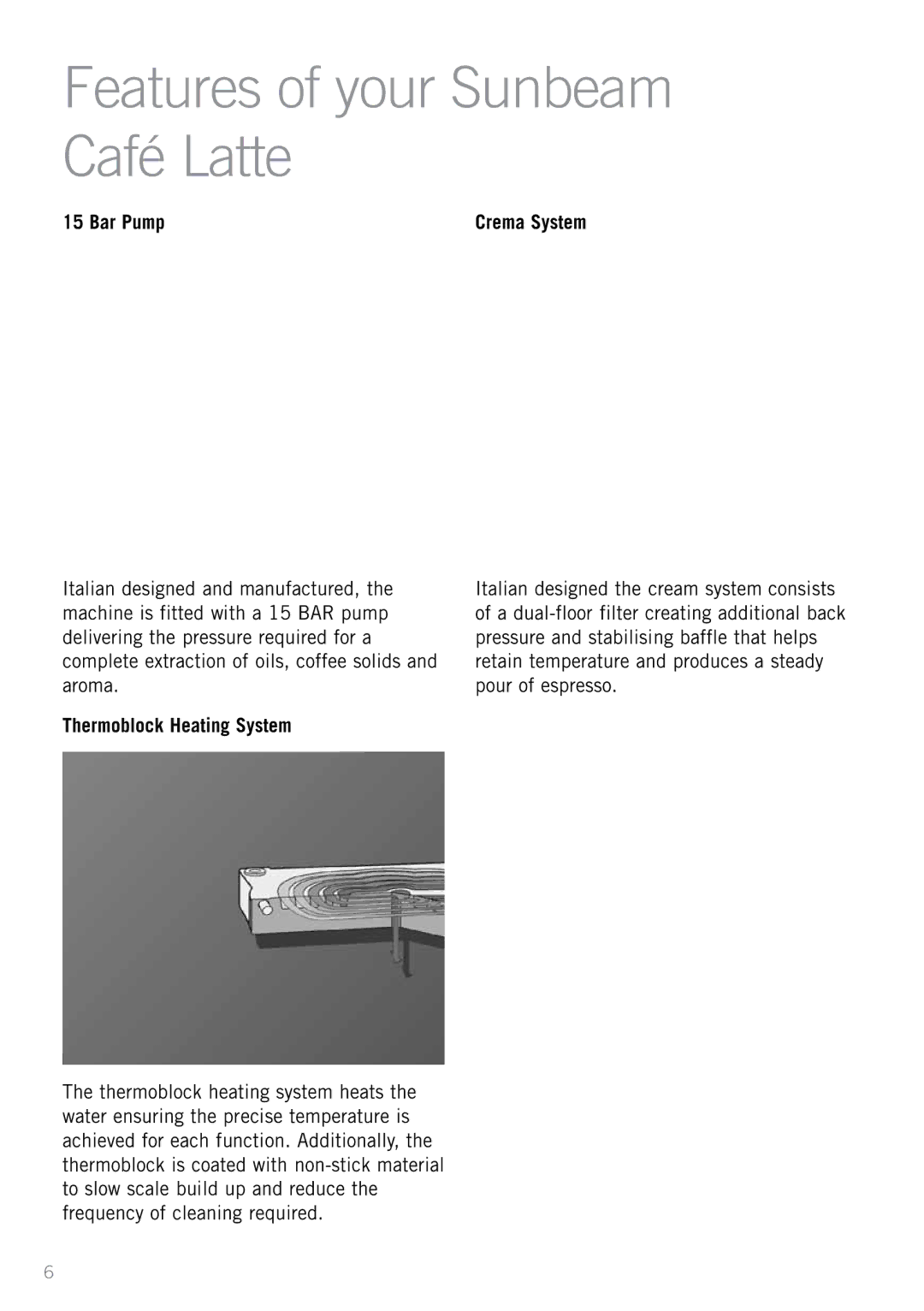 Sunbeam EM5600 manual Features of your Sunbeam Café Latte, Bar Pump, Thermoblock Heating System 