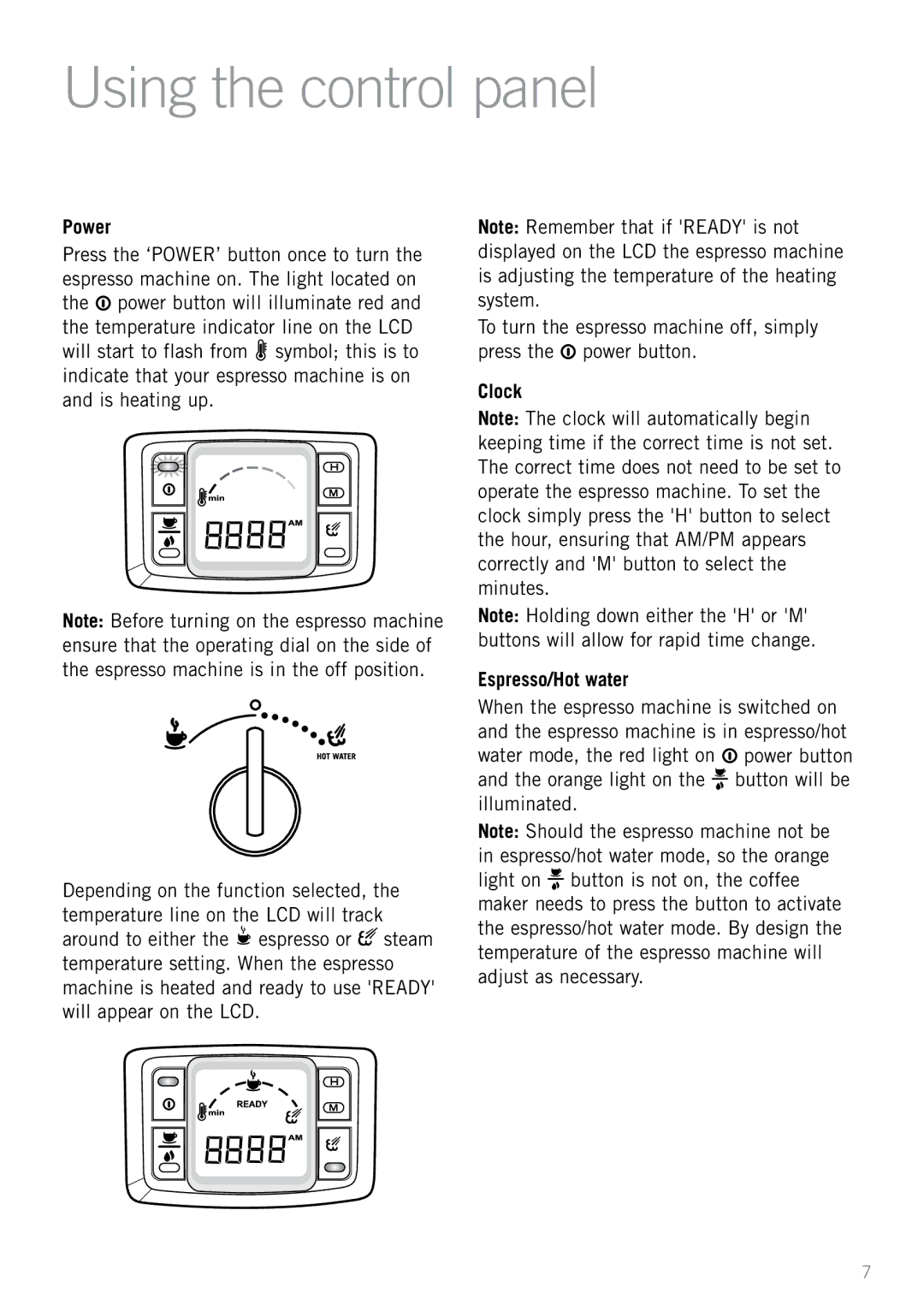 Sunbeam EM5600 manual Using the control panel, Power, Clock Espresso/Hot water 