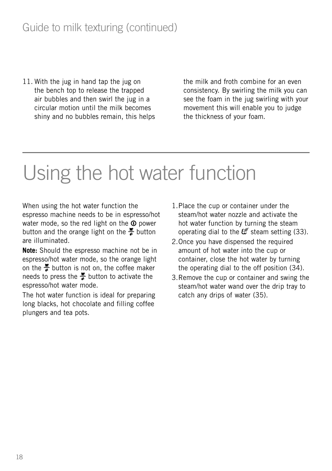 Sunbeam EM5600 manual Using the hot water function, Guide to milk texturing 