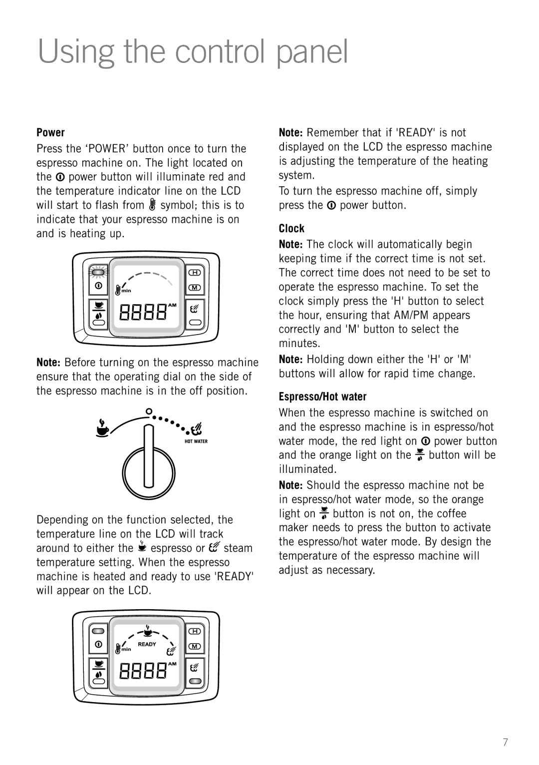 Sunbeam EM5600 manual Using the control panel, Power, Clock Espresso/Hot water 