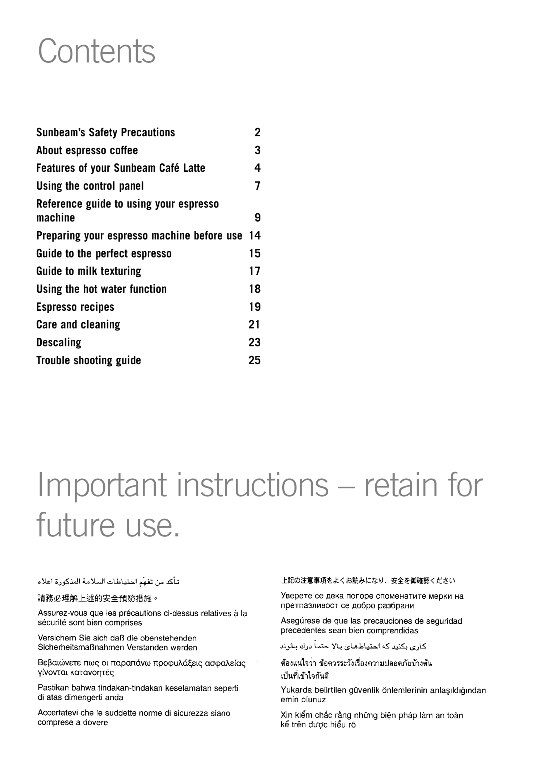 Sunbeam EM5600 Contents, Important instructions - retain for future use, Sunbeam’s Safety Precautions, machine, Descaling 