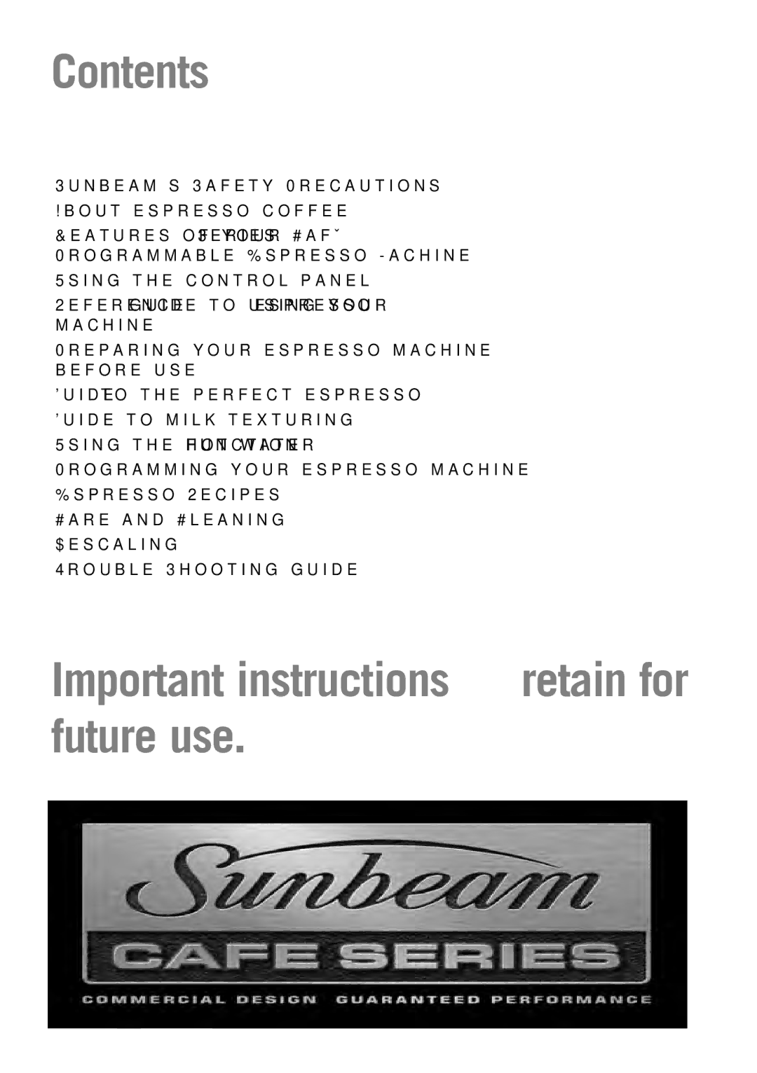 Sunbeam EM5800 manual Contents, Important instructions retain for future use 