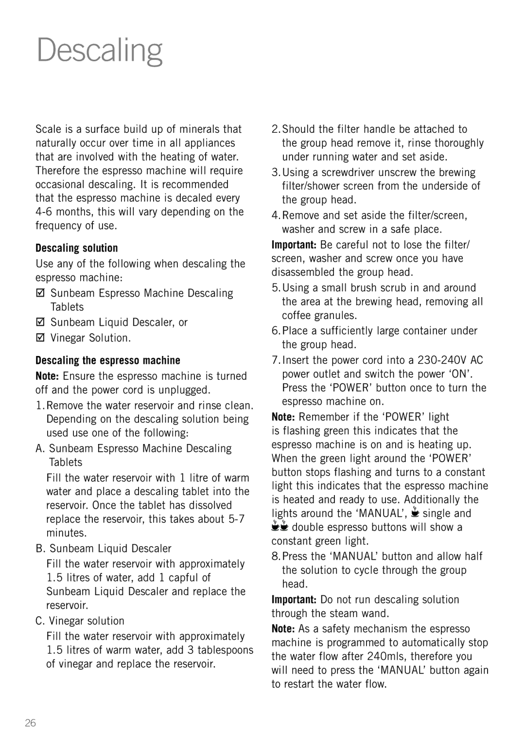 Sunbeam EM5800 manual Descaling solution, Descaling the espresso machine 