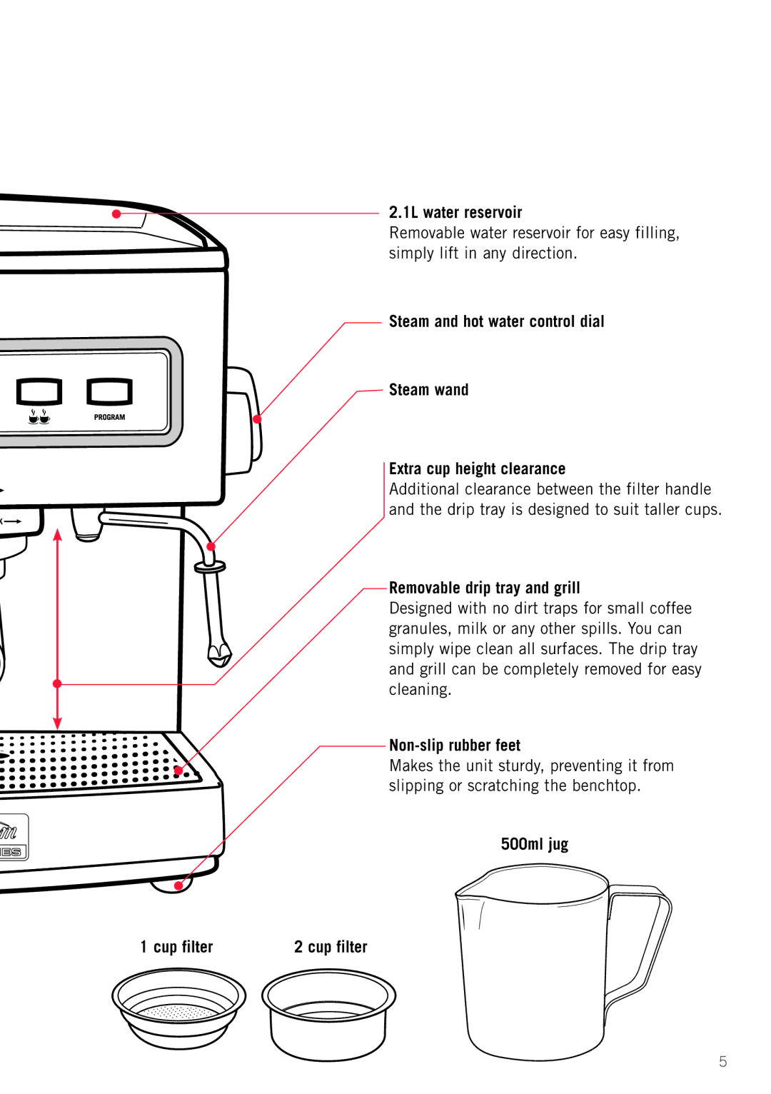 Sunbeam EM5800 manual 1L water reservoir, Removable drip tray and grill, Non-slip rubber feet, 500ml jug Cup filter 