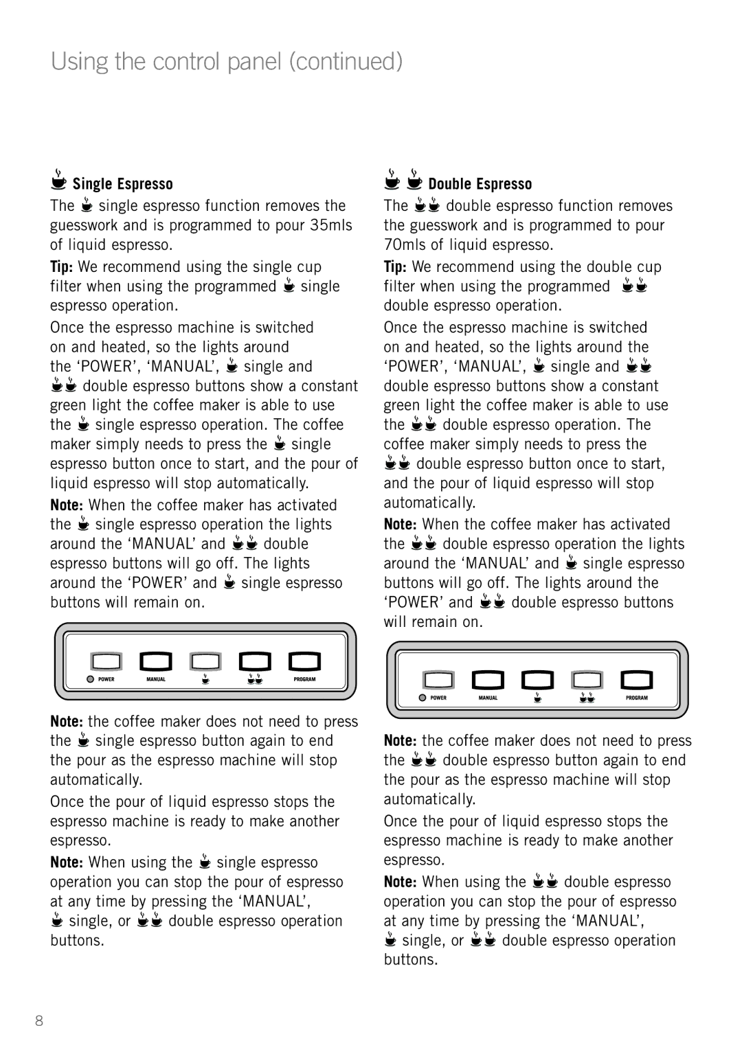 Sunbeam EM5800 manual Using the control panel, Single Espresso, Double Espresso 