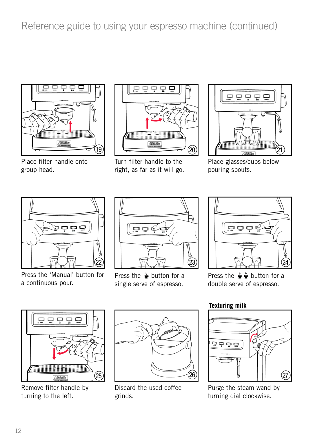 Sunbeam EM5800 manual Texturing milk, Reference guide to using your espresso machine continued 