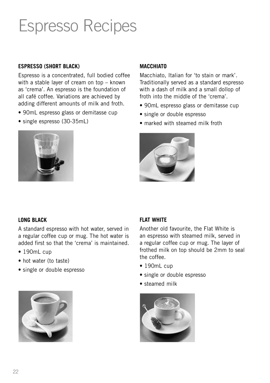 Sunbeam EM5800 manual Espresso Recipes, Espresso Short Black, Long Black, Macchiato, Flat White 