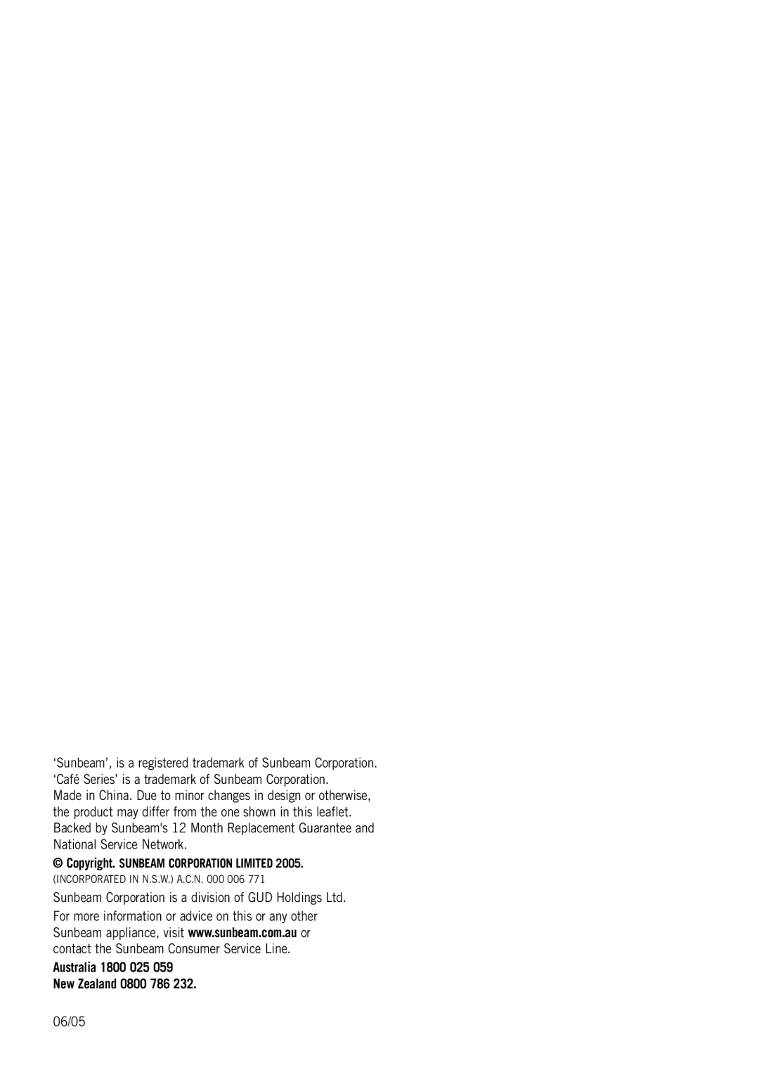 Sunbeam EM5800 manual 06/05, Copyright. SUNBEAM CORPORATION LIMITED, INCORPORATED IN N.S.W. A.C.N. 000 
