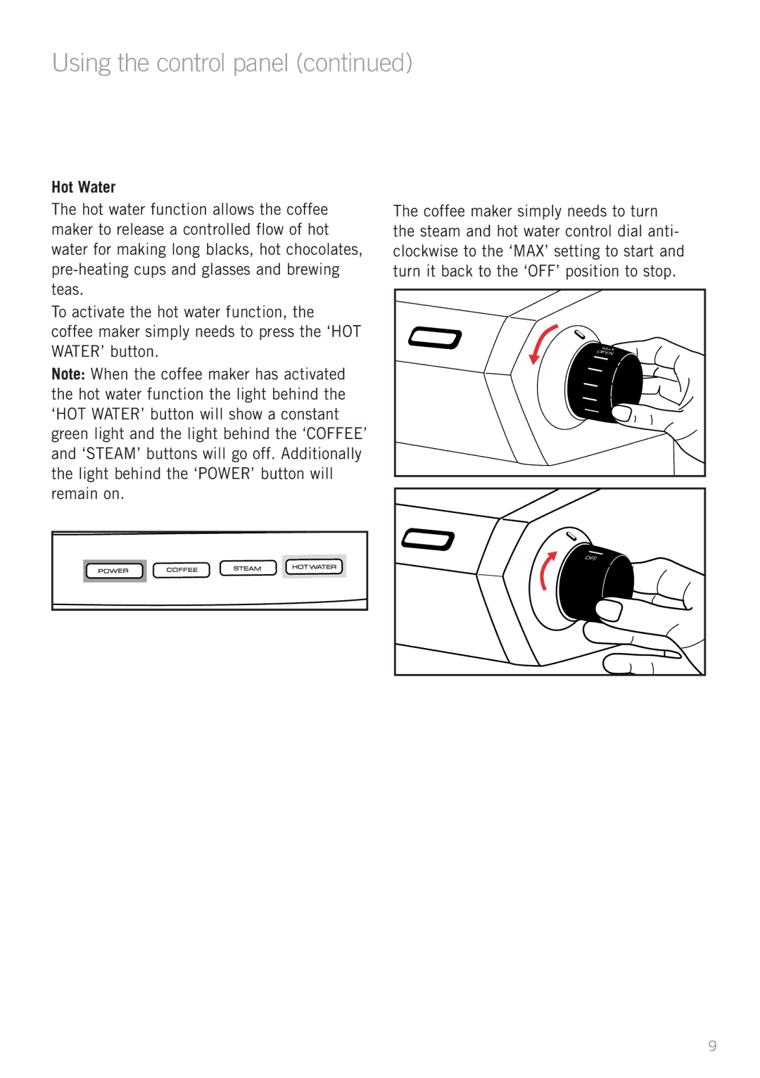 Sunbeam EM5900 manual Hot Water 