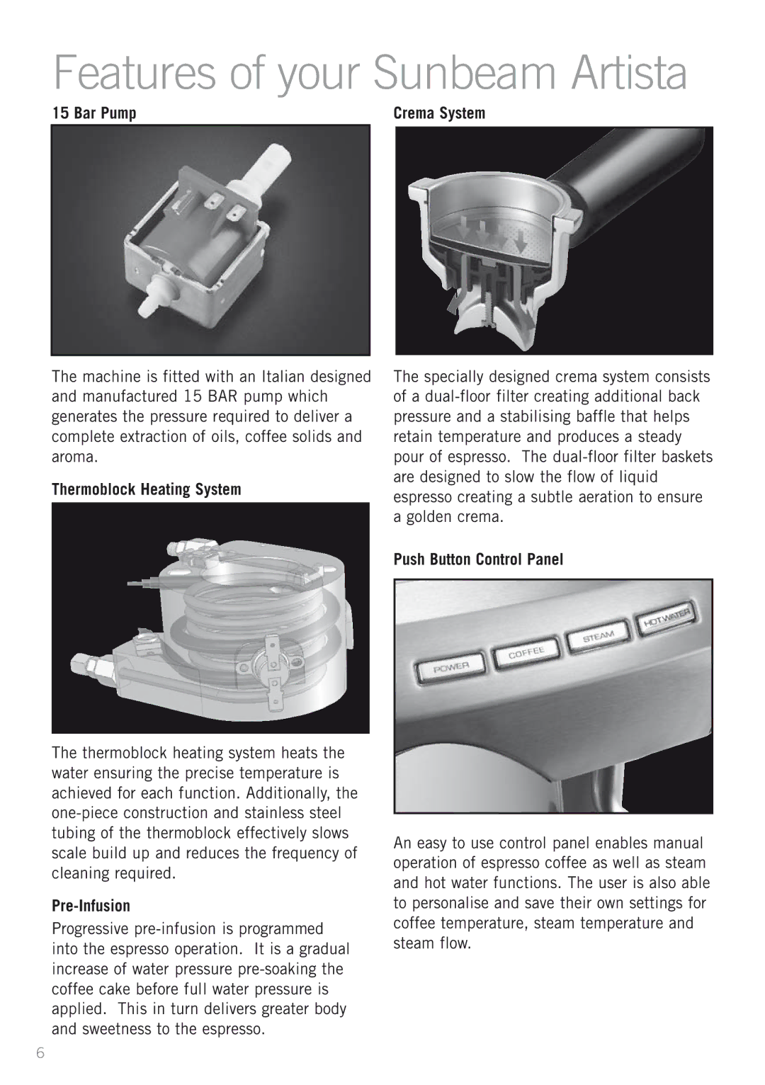 Sunbeam EM5900 manual Bar Pump Crema System, Thermoblock Heating System, Pre-Infusion 