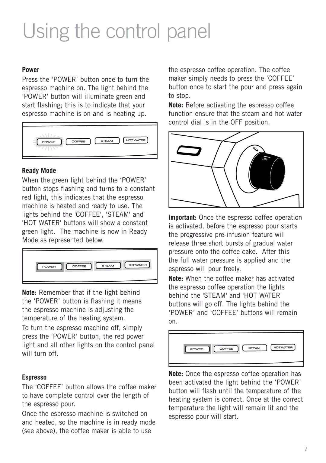 Sunbeam EM5900 manual Using the control panel, Power, Ready Mode, Espresso 