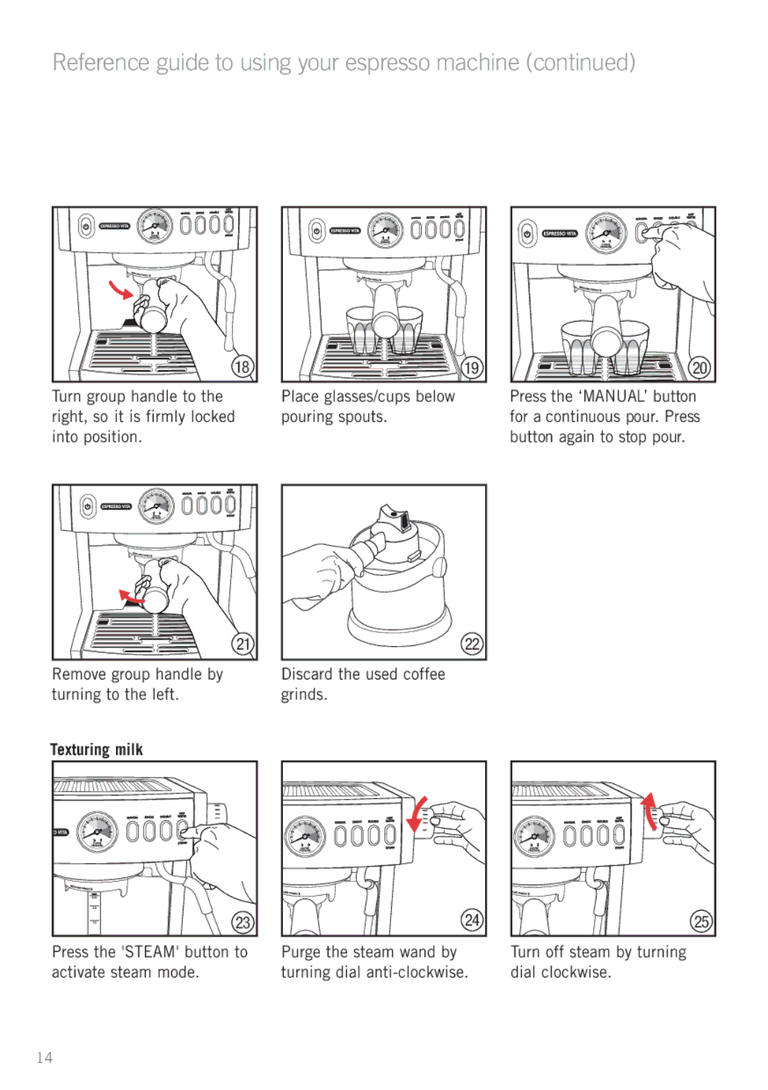 Sunbeam EM6200 Texturing milk, Press the Steam button to activate steam mode, Turn off steam by turning dial clockwise 